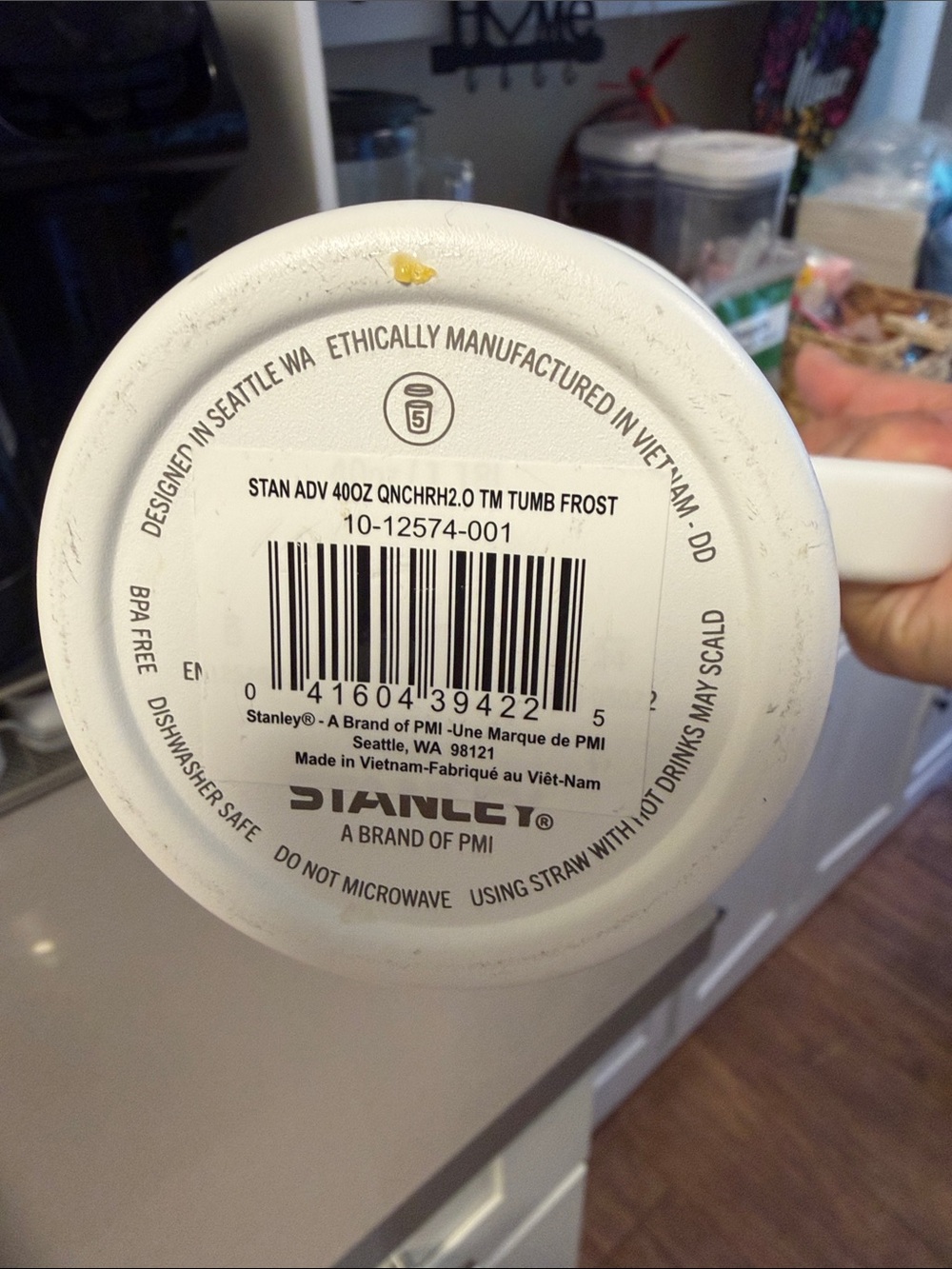 Stanley White Travel Tumbler with Handle and Stainless Trim - Picture 5 of 6